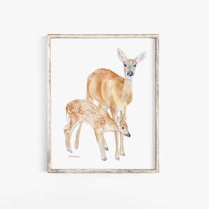 Doe and Fawn Deer Watercolor Painting Large Poster Print Unframed