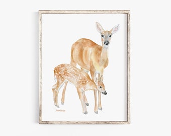 Doe and Fawn Deer Watercolor Painting Large Poster Print Unframed