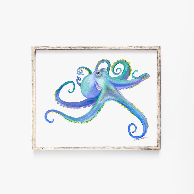 Octopus Watercolor Painting 10 x 8 / 11 x 8.5 Purple Sea Life Ocean Creature Watercolor UNFRAMED image 1