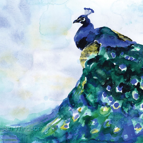 Peacock Watercolor Painting Blue Bird Giclee Print 10 x 8 - Bird Painting Watercolor Art - 11 x 8.5 UNFRAMED