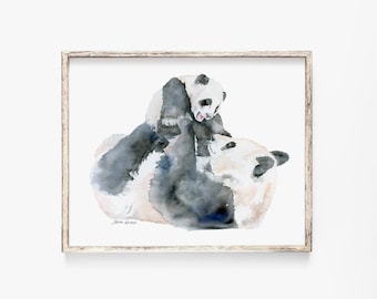 Panda Bears Watercolor Painting - Giclee Fine Art Print UNFRAMED