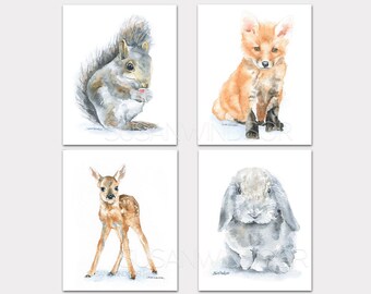 Woodland Watercolor Animal Art Prints Nursery Childrens Room Set of 4 Squirrel Fox Deer Bunny PORTRAIT-Vertical Orientation Unframed