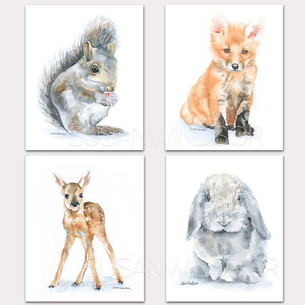 Woodland Watercolor Animal Art Prints Nursery Childrens Room Set of 4 Squirrel Fox Deer Bunny PORTRAIT-Vertical Orientation Unframed