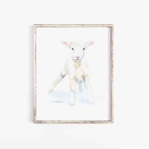 White Baby Lamb Watercolor Painting Large Print UNFRAMED image 1