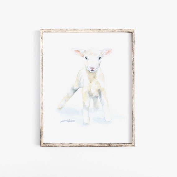 White Baby Lamb Watercolor Painting Large Print Etsy