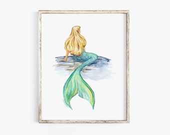 Mermaid Watercolor Painting Large Poster Print UNFRAMED