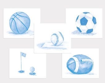 Watercolor Sports Art Prints in Blue - Childrens Room Art - Set of 5 Basketball Baseball Football Soccer ball and Golf Unframed