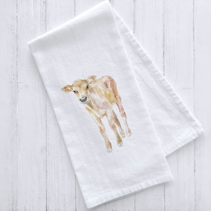Jersey Cow Calf Watercolor Flour Sack Tea Towel