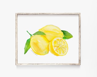 May include: Watercolor painting of three lemons, two whole and one cut in half, with green leaves. The lemons are yellow and the leaves are green.