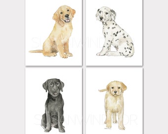 May include: A set of four watercolor paintings featuring different breeds of dogs. The paintings are all in a similar style, with a white background and a simple, elegant design. The dogs are all depicted in a sitting or standing position, and they are all looking directly at the viewer. The breeds of dogs included in the set are a golden retriever, a dalmatian, a black labrador retriever, and a yellow labrador retriever.