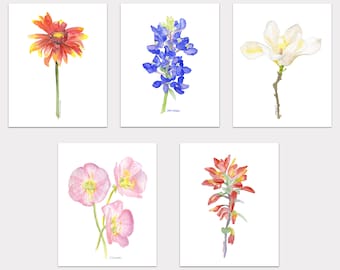 Acquerello Texas Wildflowers Art Prints Set di 5 - Poster di grandi dimensioni - Senza cornice