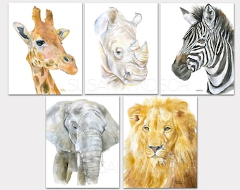 African Animal Watercolor Art Prints - Safari Childrens Room - Set of 5 Giraffe Rhino Zebra Elephant Lion UNFRAMED