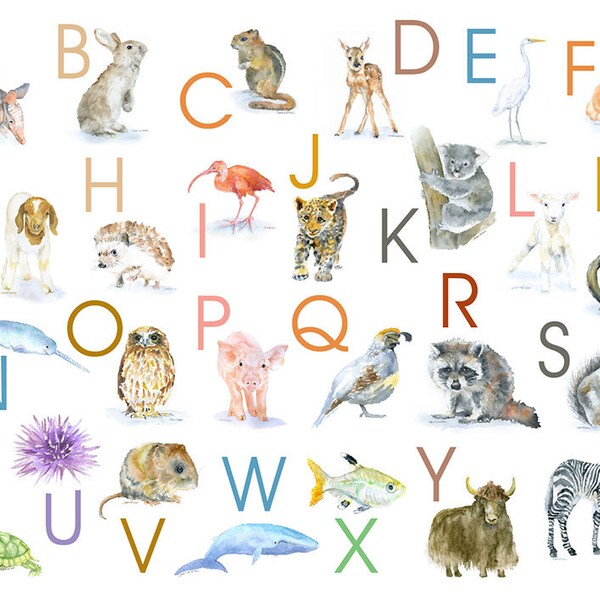 Animal Alphabet Poster - Watercolor Animals 14 x 11 wall art - nursery art – ABC nursery art