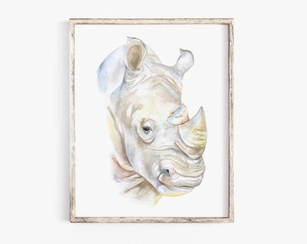 Rhino Watercolor Painting Prin Giclee Reproduction Fine Art Print - Rhinoceros African Animal UNFRAMED