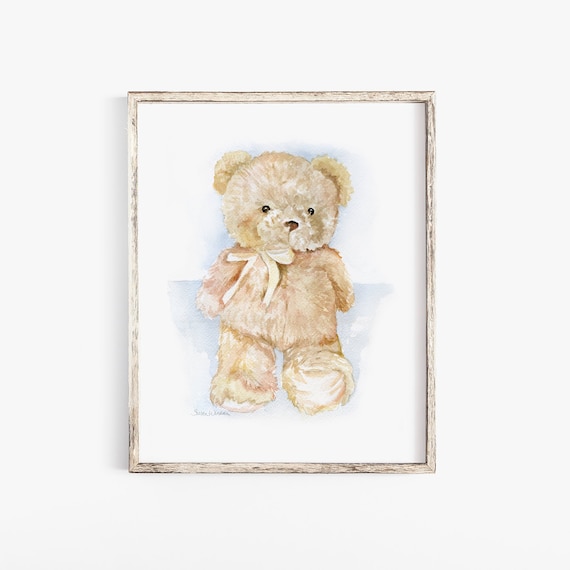  Stuffed Teddy Bear No. 3 Nursery Kids Art Print of Watercolor  Painting : Handmade Products