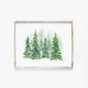 Pine Trees Scene Watercolor Painting Large Poster Print UNFRAMED