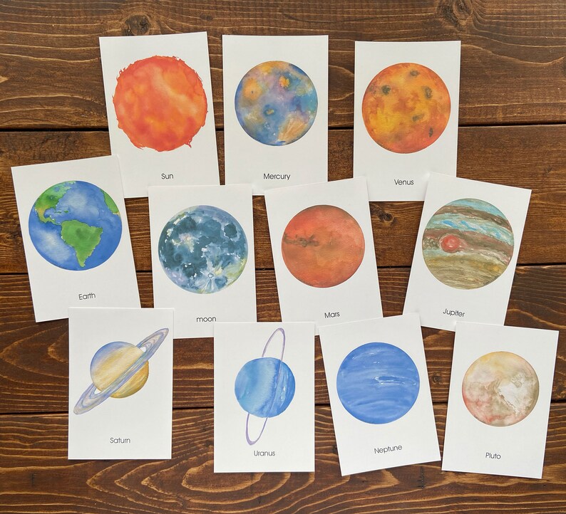 Solar System Watercolor Cards - Outer Space Wall Art Flash Cards - Etsy
