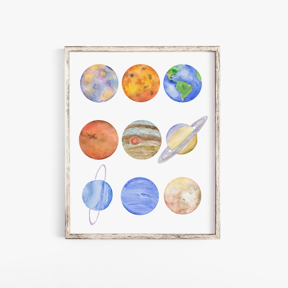 Watercolor Planets Large Art Print Poster - Solar System Including