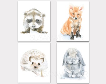 Woodland Watercolor Animal Art Prints Nursery Childrens Room Set of 4 Raccoon Fox Hedgehog Rabbit PORTRAIT-Vertical Orientation Unframed