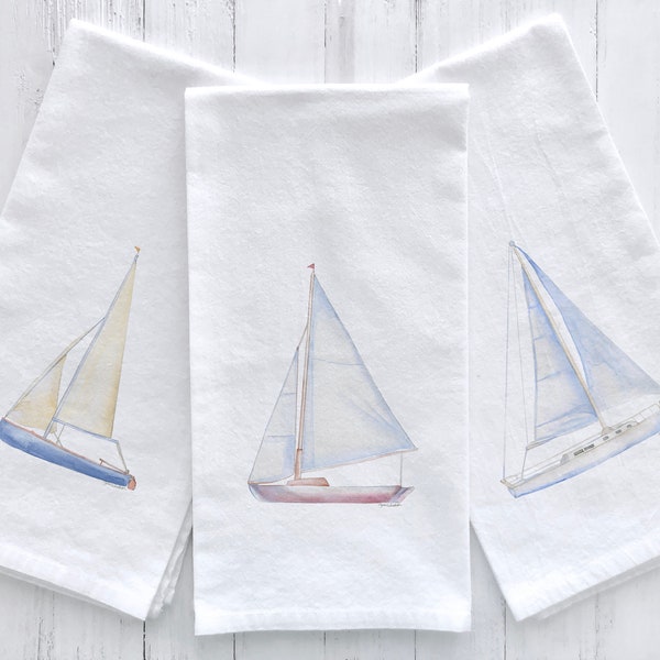 Sailboat Watercolor Flour Sack Tea Towels Set of 3 Hostess Kitchen Gift