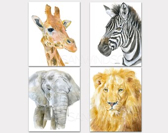 African Safari Watercolor Animal Art Prints Nursery Set of 4 Jungle Decor Giraffe Zebra Elephant Lion Unframed