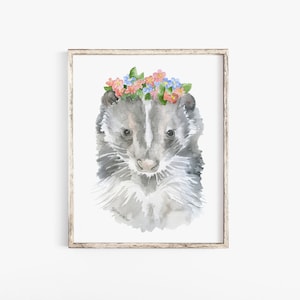 Baby Skunk Floral Watercolor Painting  Fine Art Giclee Reproduction - Woodland Animal Springtime Art Print Flower UNFRAMED