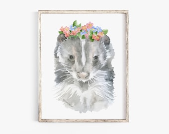 Baby Skunk Floral Watercolor Painting  Fine Art Giclee Reproduction - Woodland Animal Springtime Art Print Flower UNFRAMED