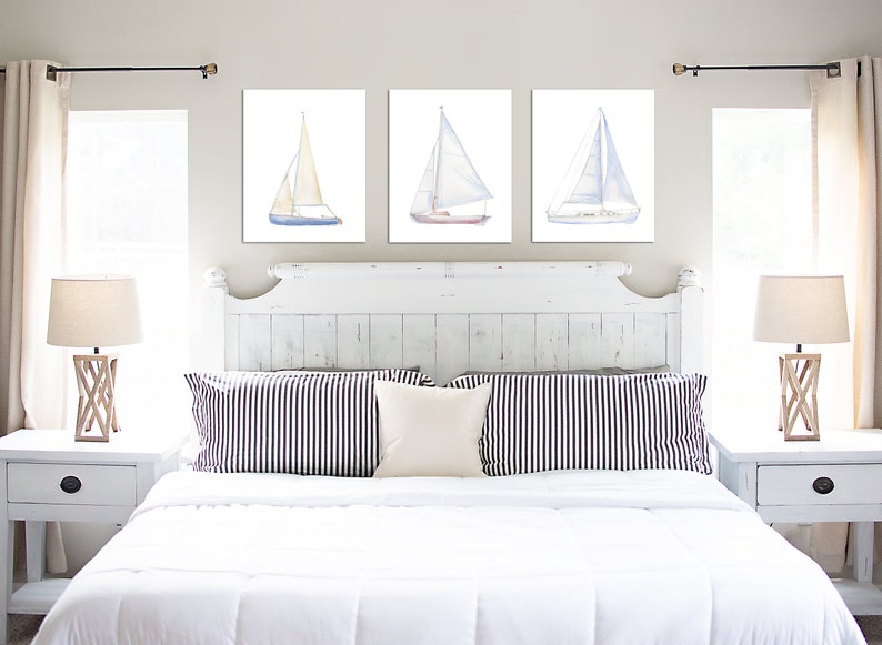 Sailboats Watercolor Art Print Set of 3 Nautical Theme Wall Art Unframed image 2