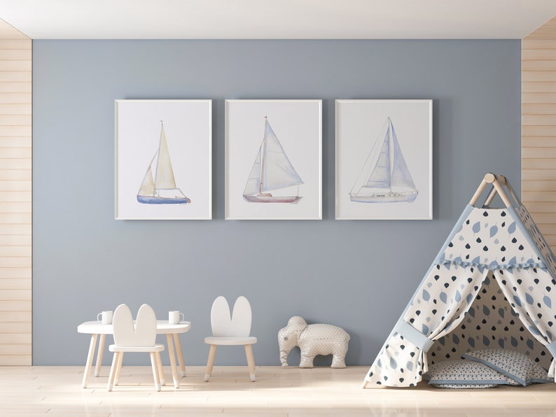 Sailboats Watercolor Art Print Set of 3 Nautical Theme Wall Art Unframed image 6