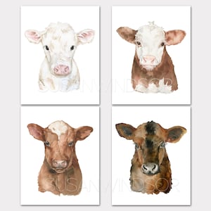 Baby Calves Watercolor Art Prints Set of 4 Cow Calf Cattle Art Unframed
