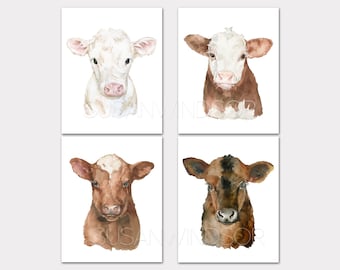 Baby Calves Watercolor Art Prints Set of 4 Cow Calf Cattle Art Unframed