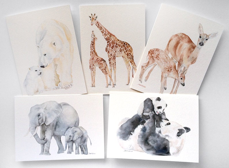 Mother and Baby Animals Watercolor Greeting Card Set 5 x 7 Etsy
