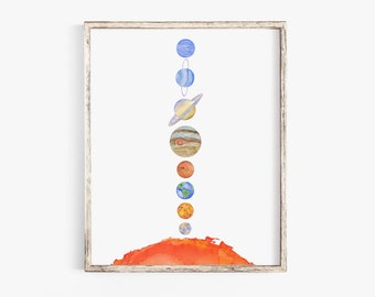 Reproduction giclée de peinture aquarelle planètes et soleil du système solaire sans cadre