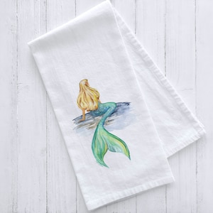 Mermaid Watercolor Flour Sack Tea Towel