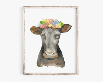 Cow with a Floral Crown Watercolor Painting Print - 5 x 7  - Giclee Print Reproduction- Nursery Art Girls Room Decor Farm Animal UNFRAMED