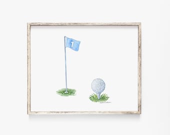 Golf Watercolor Painting Giclee Print - Flag and Golf Ball UNFRAMED