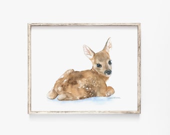 Watercolor Painting Deer Fawn Lying Down Giclee Print - Nursery Art Unframed