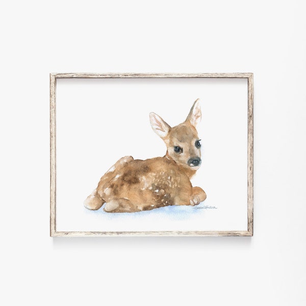 Watercolor Painting Deer Fawn Lying Down Giclee Print - Nursery Art Unframed