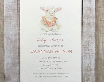 White Lamb Floral Watercolor Baby Shower Invitation