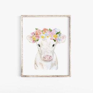 Baby Cow Calf with Floral Crown Watercolor Painting Fine Art Giclee Reproduction Nursery Wall Decor UNFRAMED image 1