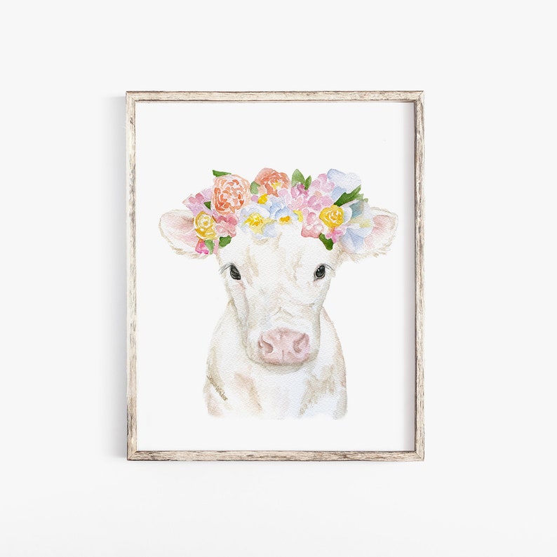 Baby Cow Calf with Floral Crown Watercolor Painting Fine Art Giclee Reproduction Nursery Wall Decor UNFRAMED image 1