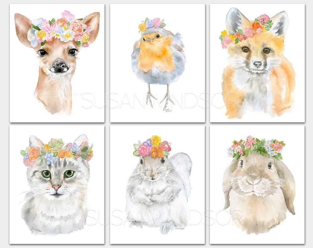 Watercolor Animal Floral Art Prints Set of 6 Deer Robin | Etsy