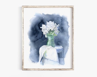 White Peonies Watercolor Painting Giclee Print Reproduction Floral UNFRAMED