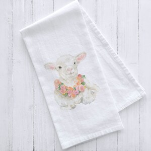 White Lamb With Flowers Watercolor Flour Sack Tea Towel