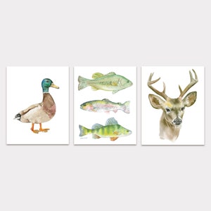Outdoors Animal Watercolor Paintings Art Print Set - Hunting Fishing Unframed