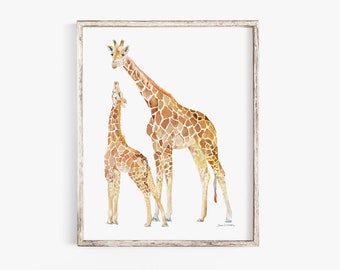Giraffes Mother and Baby Watercolor Fine Art Print Large Poster - Unframed
