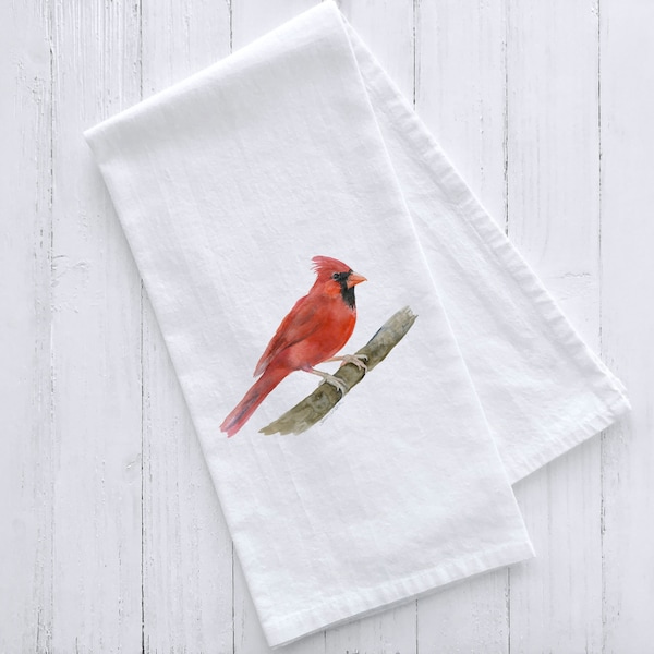 Red Cardinal Bird Watercolor Flour Sack Tea Towel