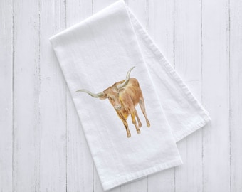 Longhorn Watercolor Flour Sack Tea Towel