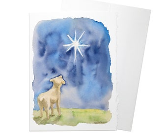 Lamb and Star Watercolor Christmas Card - Set of 10 - 5 x 7