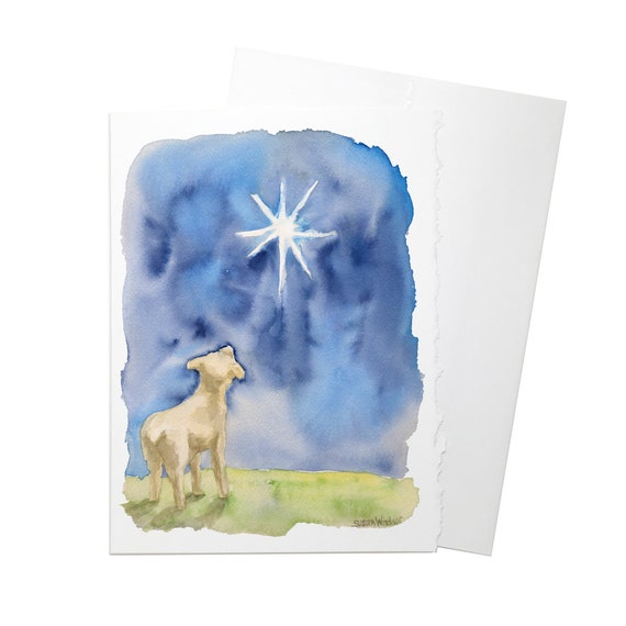 Lamb and Star Watercolor Christmas Card - Set of 10 - 5 x 7